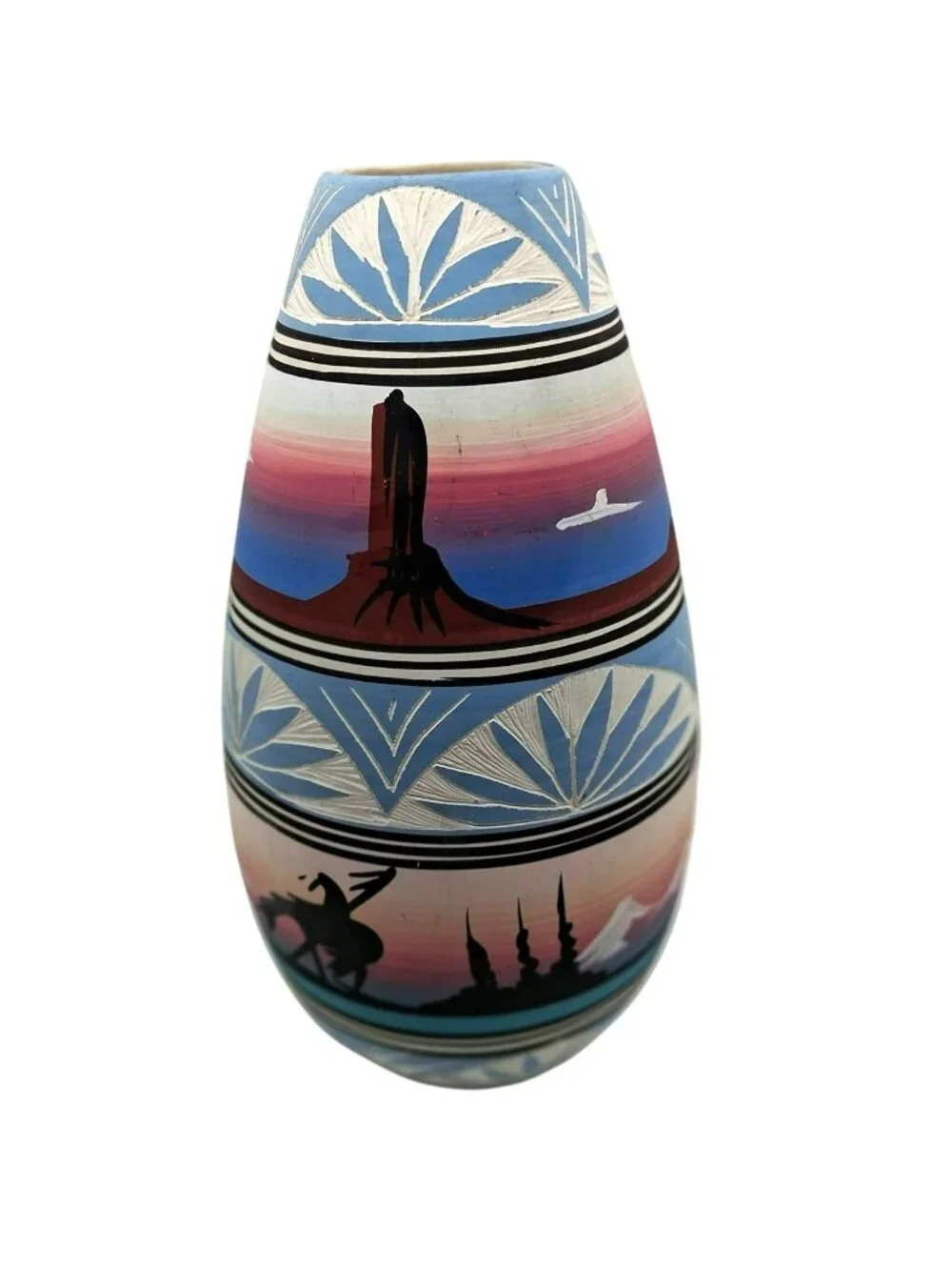 Navajo Pottery Vase Southwest Desert Landscape & Etched Pastel Signed
